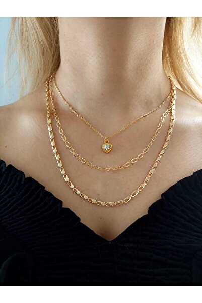 Madam Bikan Gold Color White Stone Heart Triple Necklace
