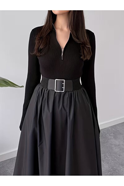 MaxiMor Women's Black Color Flowy Maxi Skirt with Side Pockets 4 Transitional Lacquer Fabric Length 95 cm