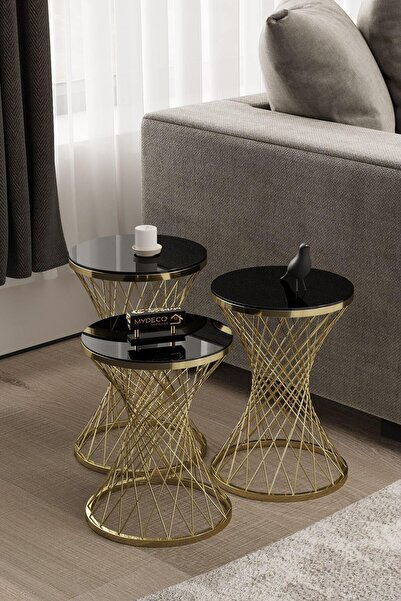 MYDECO Pota Zigon Sehpa Gold Kaplama Siyah Ayna