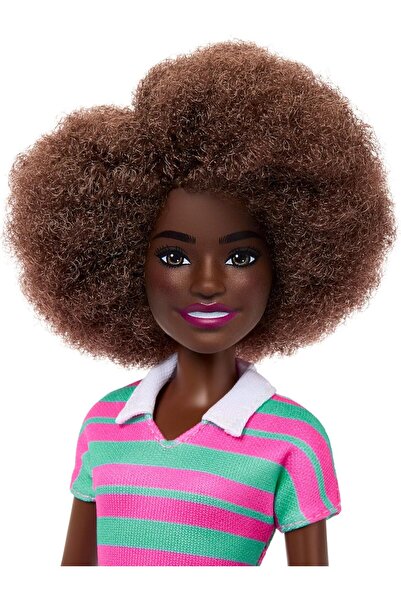 Barbie Fashionistas Doll #247 – Curly Black Hair, Pink & Green Striped Dress (JJN60)