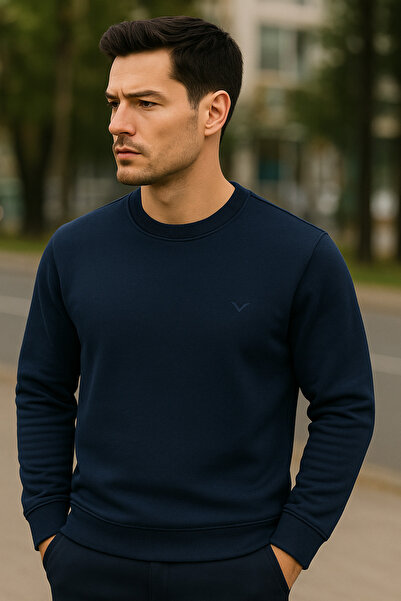 Maccali Men's Crew Neck Trend Long Sleeve Long Navy Blue Sweater