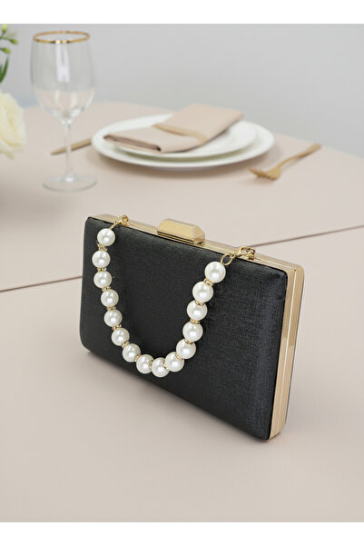 Biçanta Black Color Matte Anti-Scratch Leather Pearl Detailed Wedding Engagement Graduation