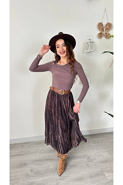 modadagiyim Дамска пола от шифон с кариран десен, набрана ефект, подплатена и с колан