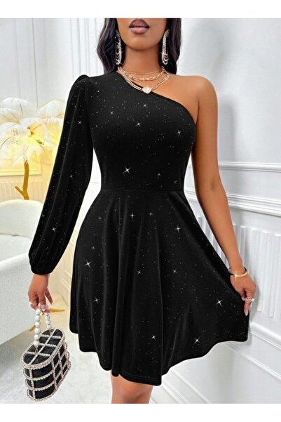 JANES Γυναικείο Μίνι Φόρεμα με έναν ώμο με μακρύ μανίκι με πέτρες