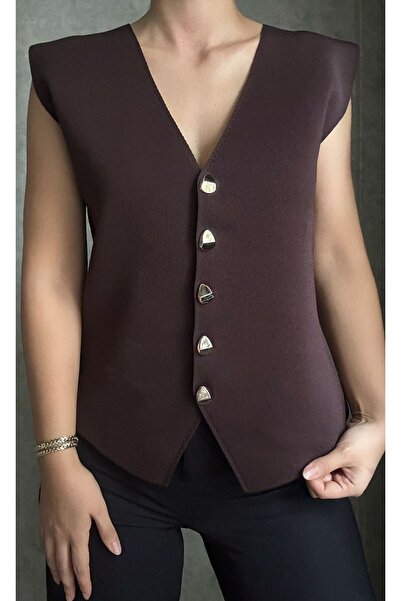 Aure Store Kadın V Yaka Düğmeli Triko Yelek