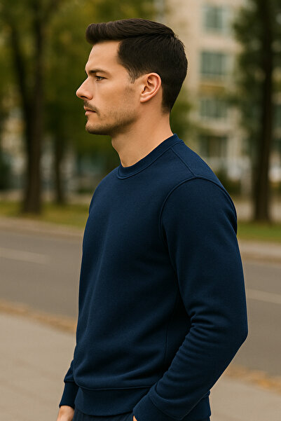 Maccali Men's Crew Neck Trend Long Sleeve Long Navy Blue Sweater