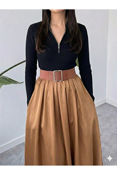 MaxiMor Women's Tan Color Flowy Maxi Skirt with Side Pockets 4 Transitional Lacquer Fabric Length 95 cm