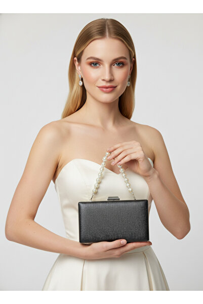 Biçanta Black Color Pearl Detailed Matte Anti-Scratch Leather Pearl Wedding Engagement Graduation