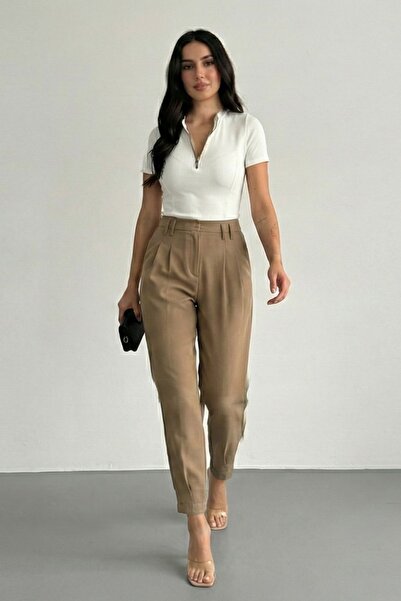 diaves Beli Ve Paçası Lastikli Pileli Vizon Havuç Pantolon