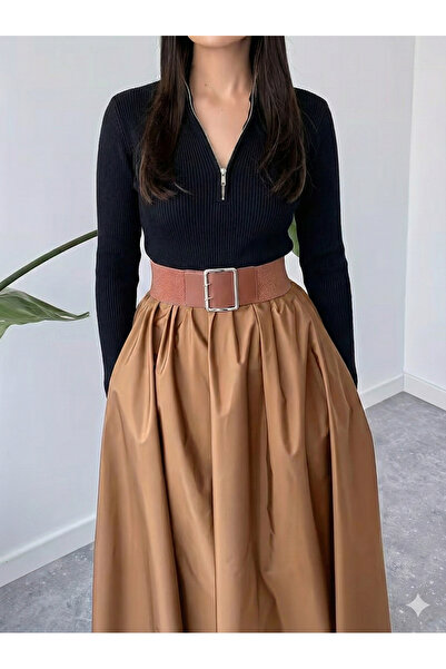 MaxiMor Women's Tan Color Flowy Maxi Skirt with Side Pockets 4 Transitional Lacquer Fabric Length 95 cm