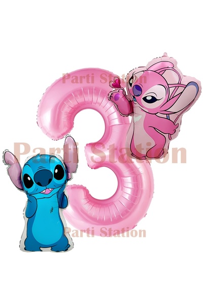 Parti Station مجموعة حفلات عيد الميلاد ليلو وستيتش وأنجل بعمر 3 سنوات مع بالونات على شكل أرقام باللون الوردي