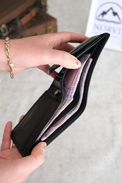 Norvi Leather Aslan Exclusive Printed Leather Wallet - Genuine Leather Wallet with Coin Compartment Shiny Black 1242