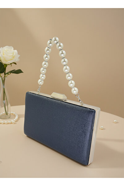 Biçanta Navy Blue Color Matte Anti-Scratch Leather Pearl Detailed Wedding Engagement Graduation