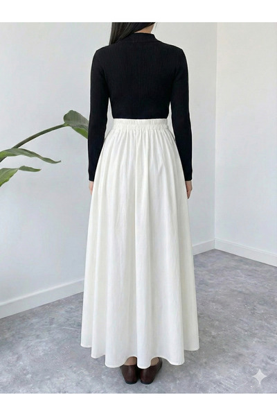 MaxiMor Fusta maxi drapată de culoare neagră pentru femei cu buzunare laterale 4 de tranziție țesătură lacuită lungime 95 cm