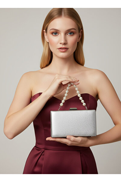 Biçanta Silver Gray Lame Color Matte Anti-Scratch Leather Pearl Detailed Wedding Engagement Graduation