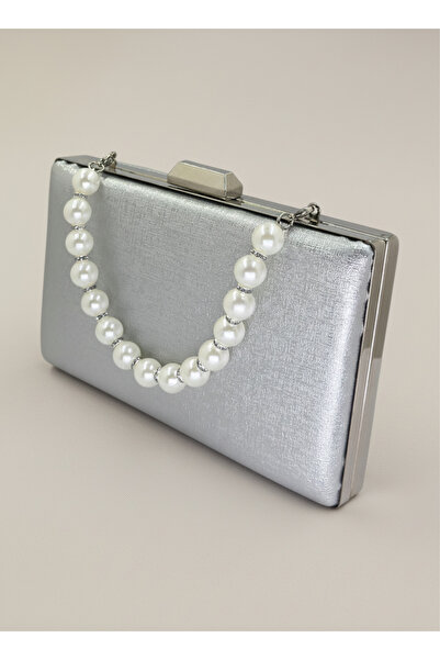 Biçanta Silver Gray Lame Color Matte Anti-Scratch Leather Pearl Detailed Wedding Engagement Graduation