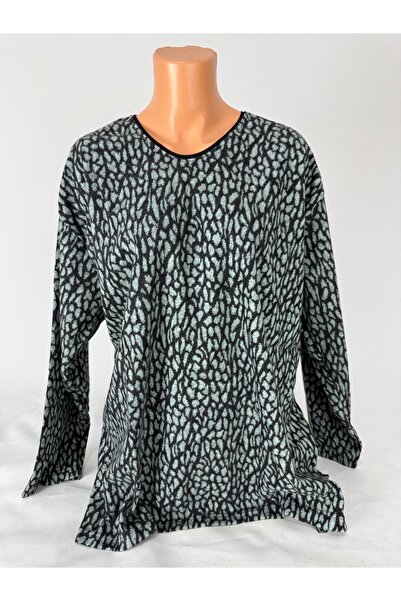 YAŞAR TRİKO Women's Black Water Green Patterned U-Neck Long Sleeve Side Slit Wool Mother Combed Cotton T-Shirt