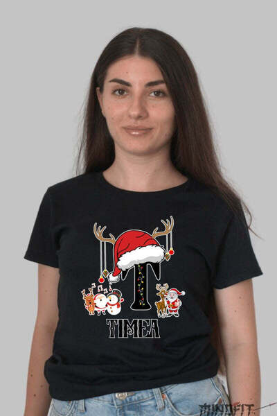 GILDAN Tricou Craciun Timea Litera T Cu Reni Si Mosul Femeie