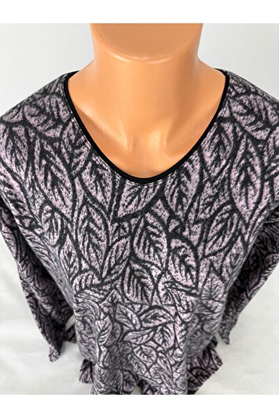 YAŞAR TRİKO Women's Black Pink Leaf Patterned U-Neck Long Sleeve Side Slit Wool Mother Combed Cotton T-Shirt
