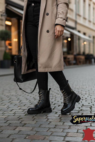 piele naturala Black women's boots with thick soles