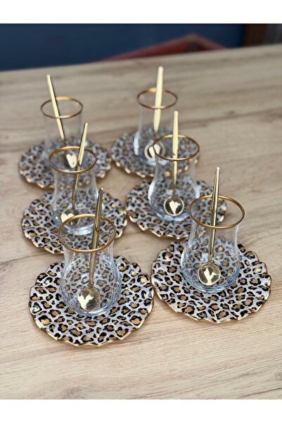 Hediye Köşkü 6 Kişilik 18 parça Leopar Lüks Cam Çay Seti