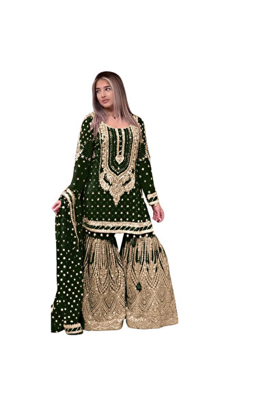 MYSMAR Green Faux GeorgetteSalwar Kameez & Dupatta - HRT4196 | Green