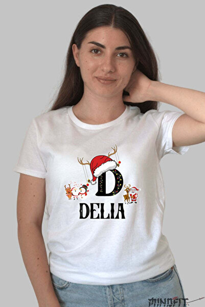 GILDAN Christmas T-shirt Delia Letter D With Reindeer And Santa Claus For Women