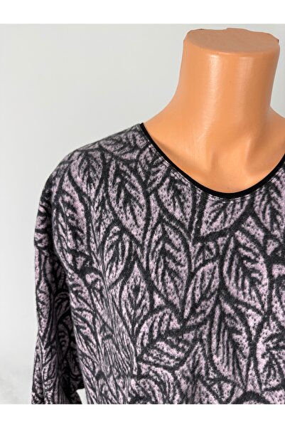 YAŞAR TRİKO Women's Black Pink Leaf Patterned U-Neck Long Sleeve Side Slit Wool Mother Combed Cotton T-Shirt