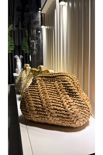 WOMANBAG EL YAPIMI HASIR PORTFÖY CLUTCH ÇANTA(25x20cm)HASIR RENK