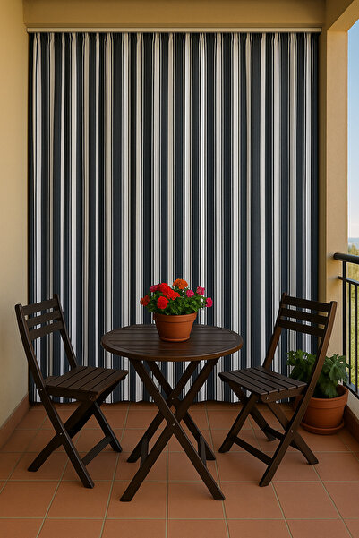 SHY TEKSTİL Kornişli Dış Mekan Branda Balkon Perdesi Bağcıklı Pilesiz Dayanıklı Tasarım Gri Beyaz