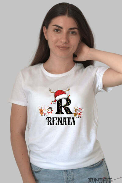 GILDAN Christmas T-shirt Renata Letter R With Reindeer And Santa Claus For Women