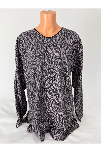 YAŞAR TRİKO Women's Black Pink Leaf Patterned U-Neck Long Sleeve Side Slit Wool Mother Combed Cotton T-Shirt