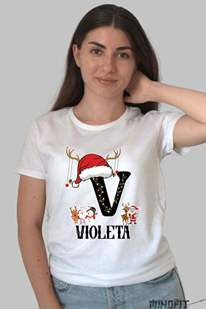 GILDAN Christmas T-shirt Violet Letter V With Reindeer And Santa Claus For Women