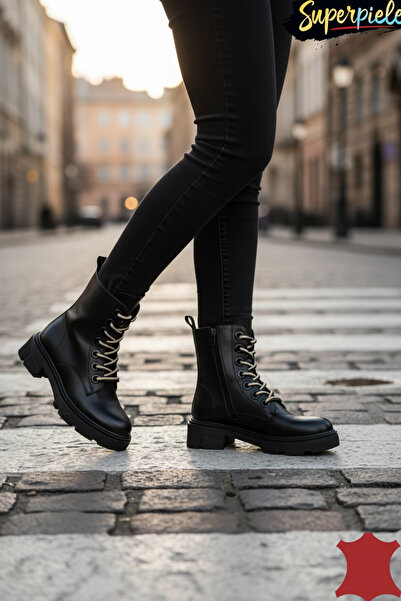 piele naturala Black women's boots with thick soles