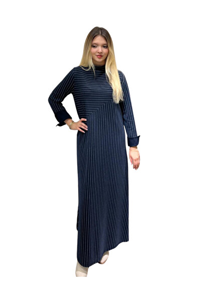 Zems Lacivert Çizgili Örme Uzun Elbise