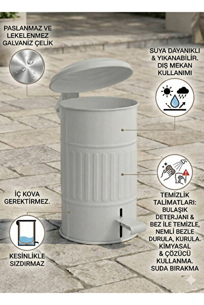 RİVO HOME DECOR The Mia White Galvanized Metal 24 Liter Medium Size Trash Can 50X30Cm