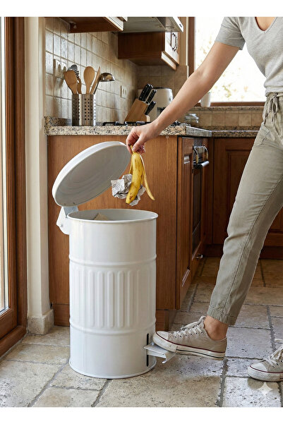 RİVO HOME DECOR The Mia White Galvanized Metal 24 Liter Medium Size Trash Can 50X30Cm