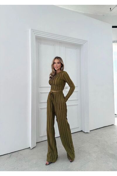 aytenli O-Neck Cropped Top with Elastic Tie-Up Pants with Pockets and Tassels Set