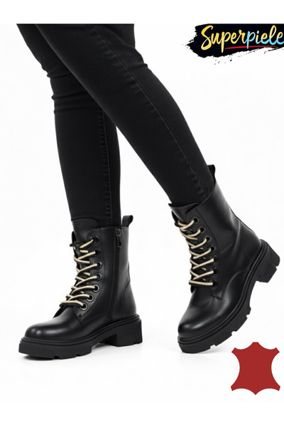 piele naturala Black women's boots with thick soles
