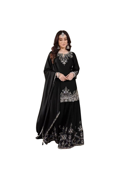 MYSMAR Black Chinon Silk Kurti Sharara & Dupatta - HRT5333 | Black