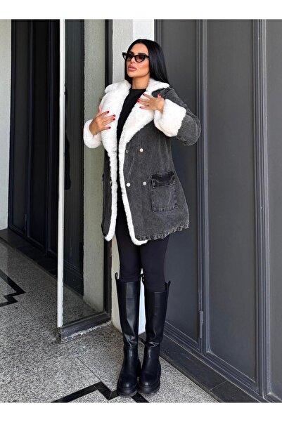 maymagaza Solinda Kürk Detaylı Denim Ceket Gri-Beyaz