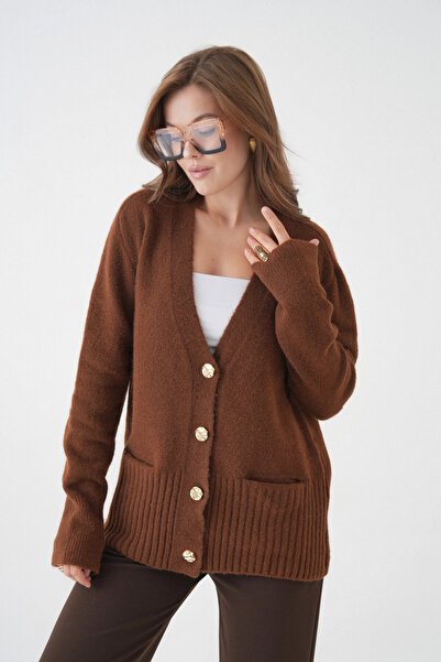 Park Karon Women's V-Neck Button Closure Wool Blend Fleece-Lined Oversized Knitwear Cardigan 8641Sw