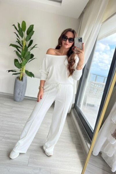 Mossta Off-Shoulder Blouse Waist-Tied Wide-Leg Pants Modal Two-Piece Set - White