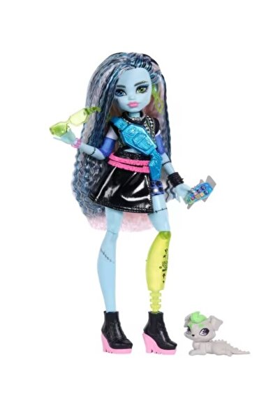 MONSTER HIGH Frankie Stein Bebek, Göbeği Açık Kazak, Deri Etek, Köpek Watzie,...