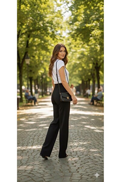 AXXAN Women's Palazzo Pants Length, piped Waist Elasticated Wide Leg Stretchy Trousers 110 cm