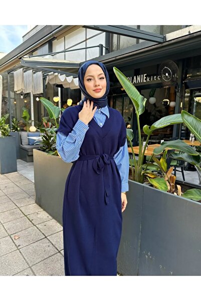 Miraydın Butik Poplin Detailed Knitwear Dress - Navy Blue