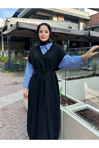 Miraydın Butik Poplin Detailed Knitwear Dress - Black