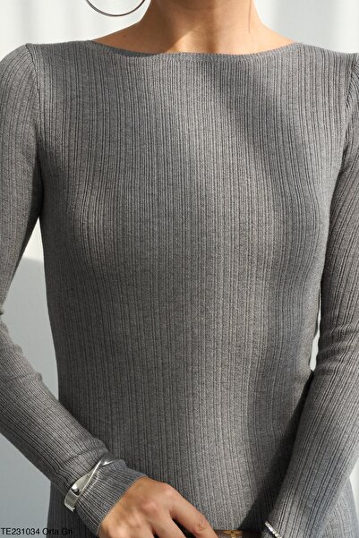 CELITA Women's Boat Neck Piped Gray Long Dress