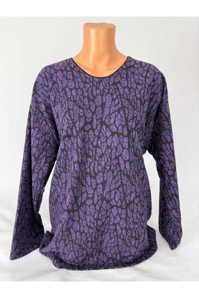 YAŞAR TRİKO Γυναικείο μακρυμάνικο μπλουζάκι με μαύρο μωβ σχέδιο με λαιμόκοψη σε σχήμα U, άνοιγμα μάλλινο μπλουζάκι από χτενισμένο βαμβάκι