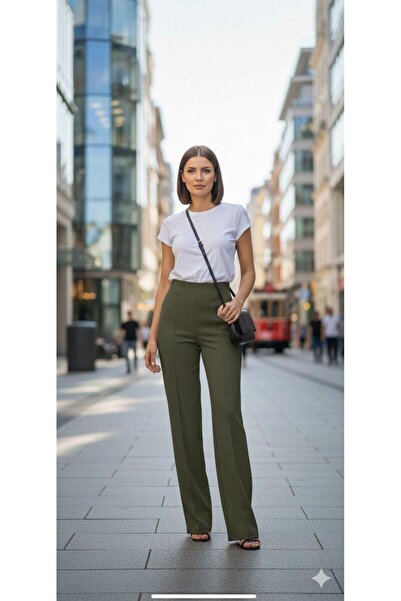 AXXAN Women's Palazzo Pants Length, piped Waist Elasticated Wide Leg Stretchy Trousers 110 cm